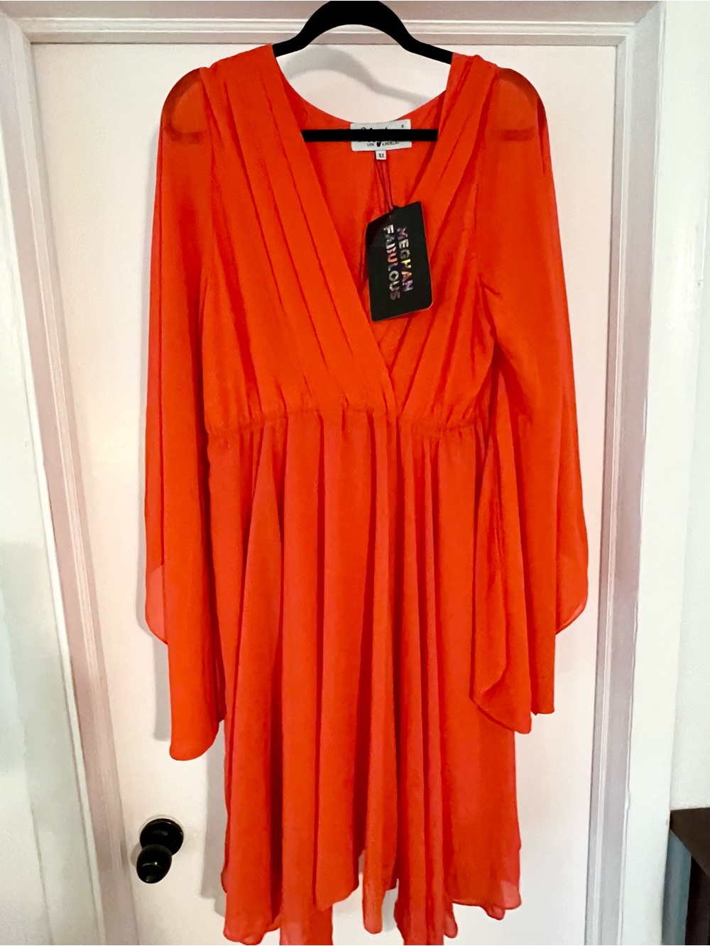 Meghan LA Orange Long-Sleeve V-Neck Chiffon Dress
